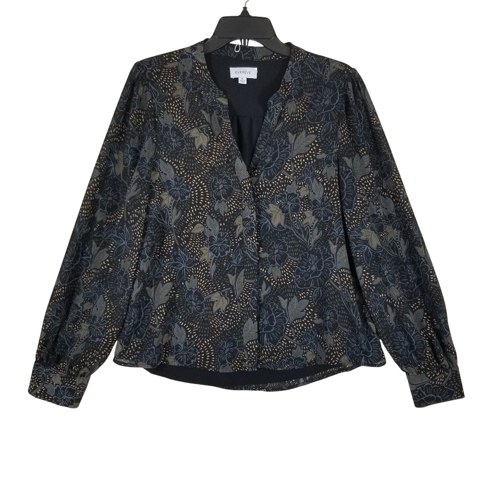 Evereve Blouse Womens Medium Black Blue Floral V-Neck Puff Shoulder EW8287359E
